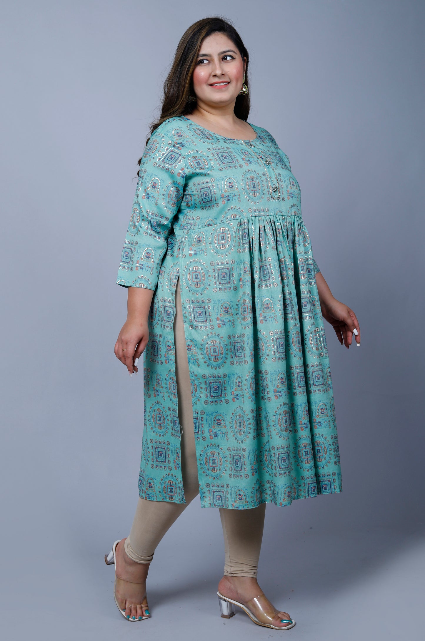 Sky Blue Printed Nayra Cut Kurti