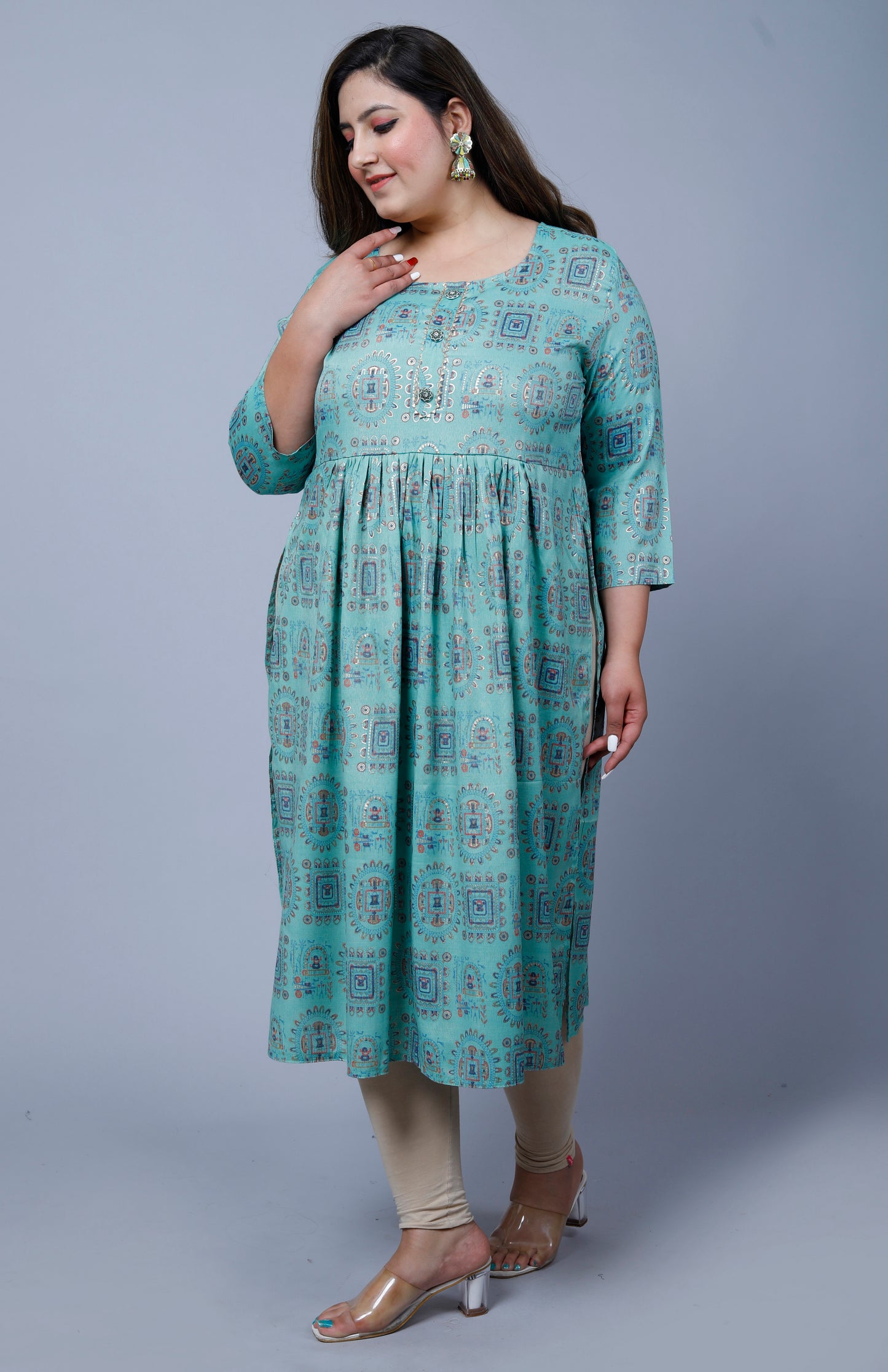 Sky Blue Printed Nayra Cut Kurti