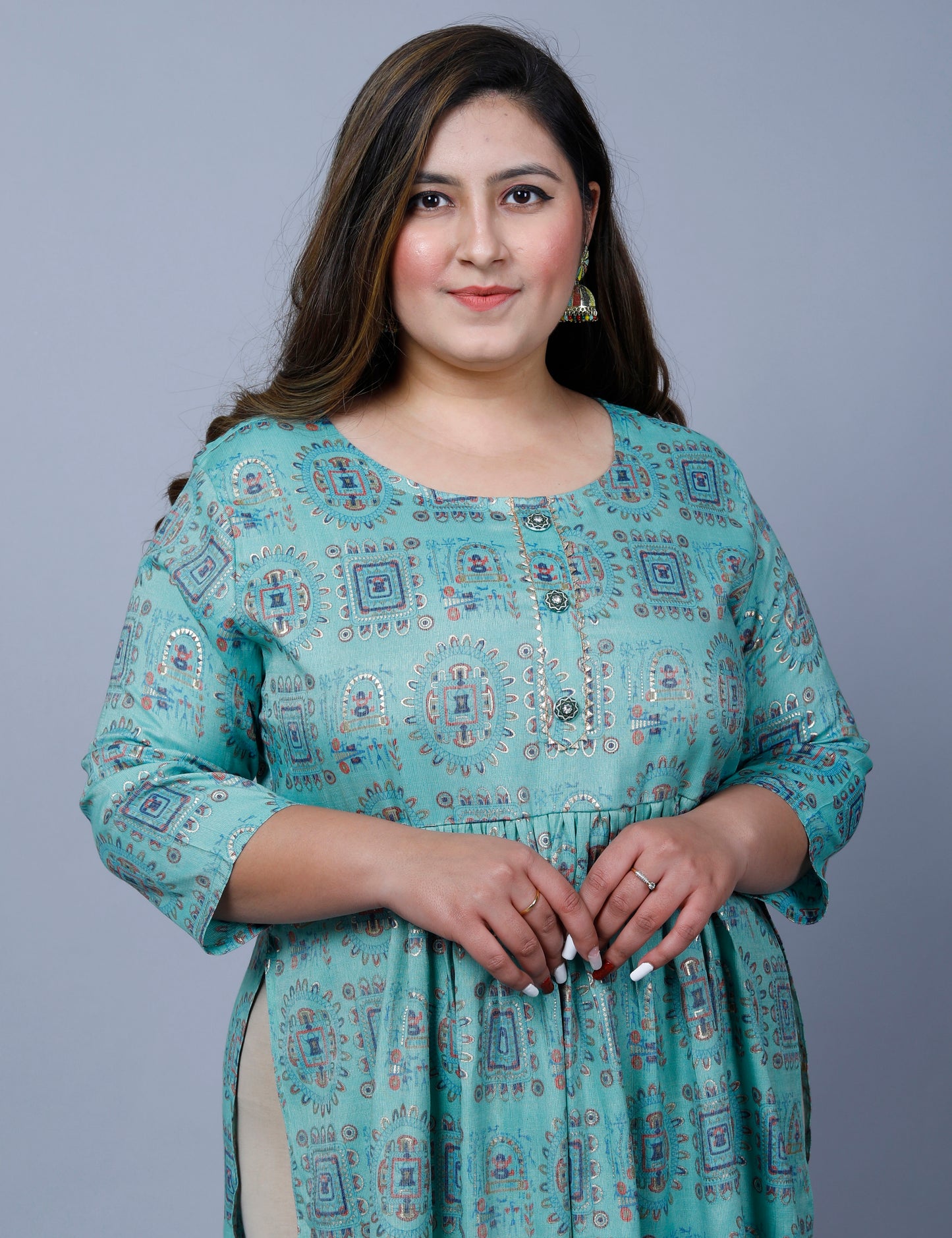 Sky Blue Printed Nayra Cut Kurti