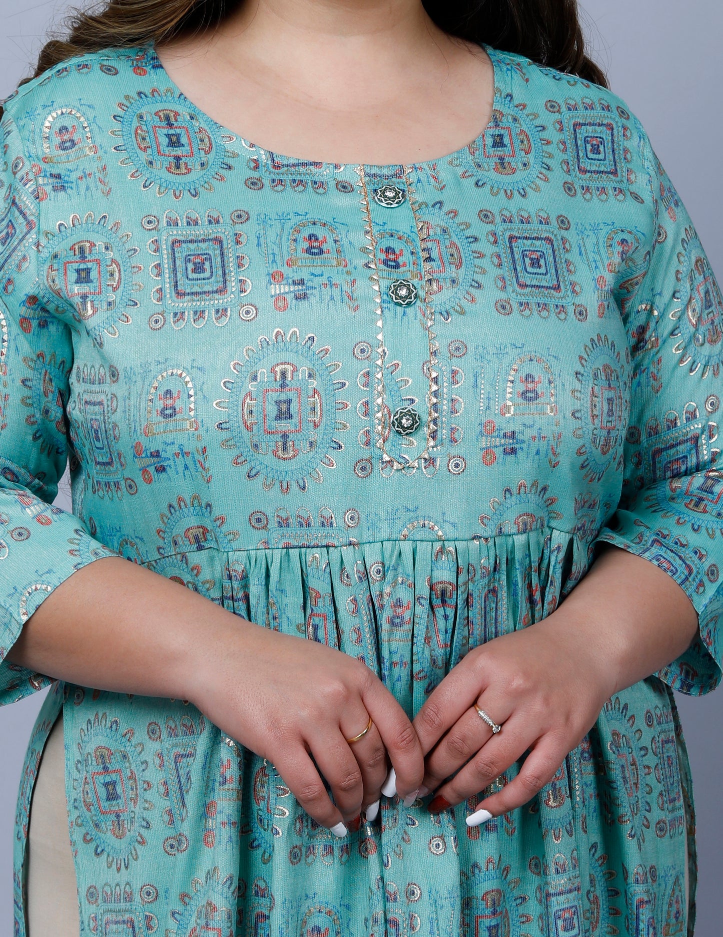 Sky Blue Printed Nayra Cut Kurti