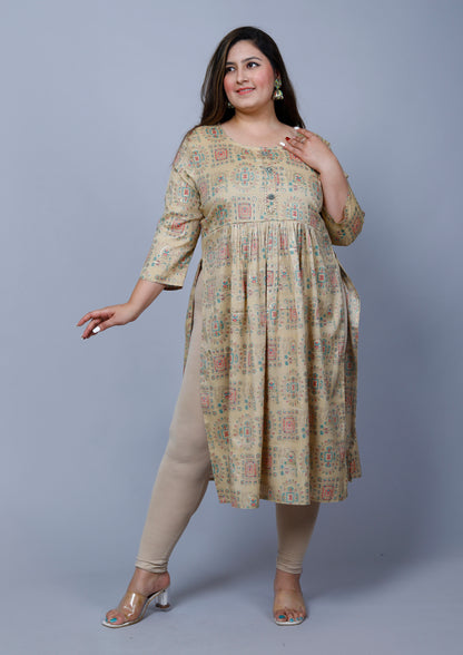 Beige Printed Nayra Cut Kurti