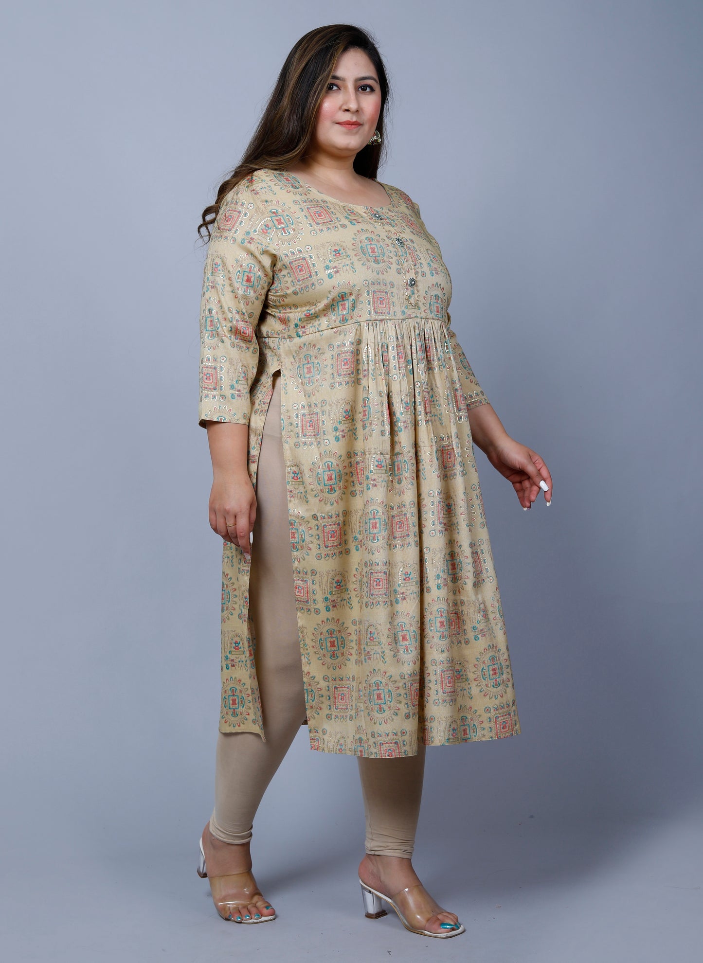 Beige Printed Nayra Cut Kurti