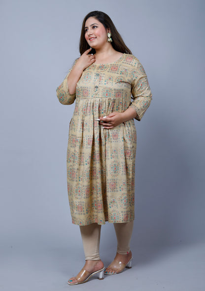 Beige Printed Nayra Cut Kurti