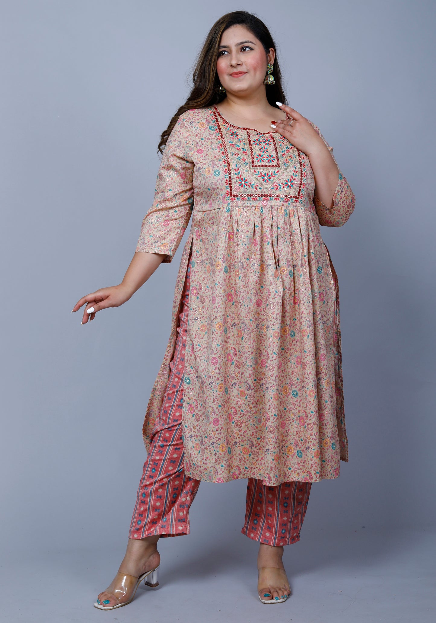 Pink Embroidered Nayra Cut Kurta Pant Dupatta Set