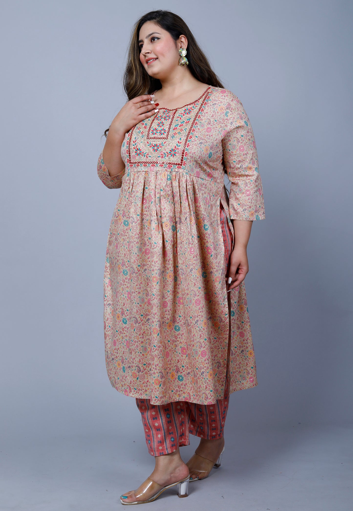 Pink Embroidered Nayra Cut Kurta Pant Dupatta Set