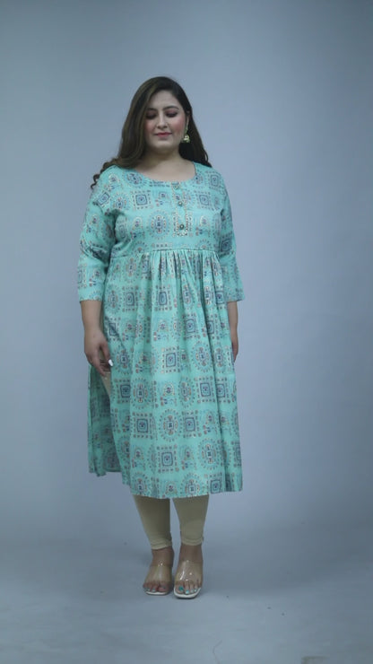 Sky Blue Printed Nayra Cut Kurti