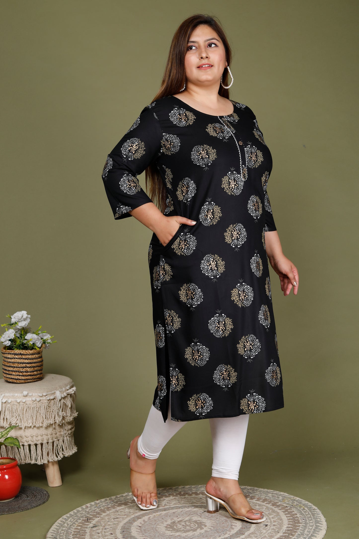 Black Printed Straight Kurti