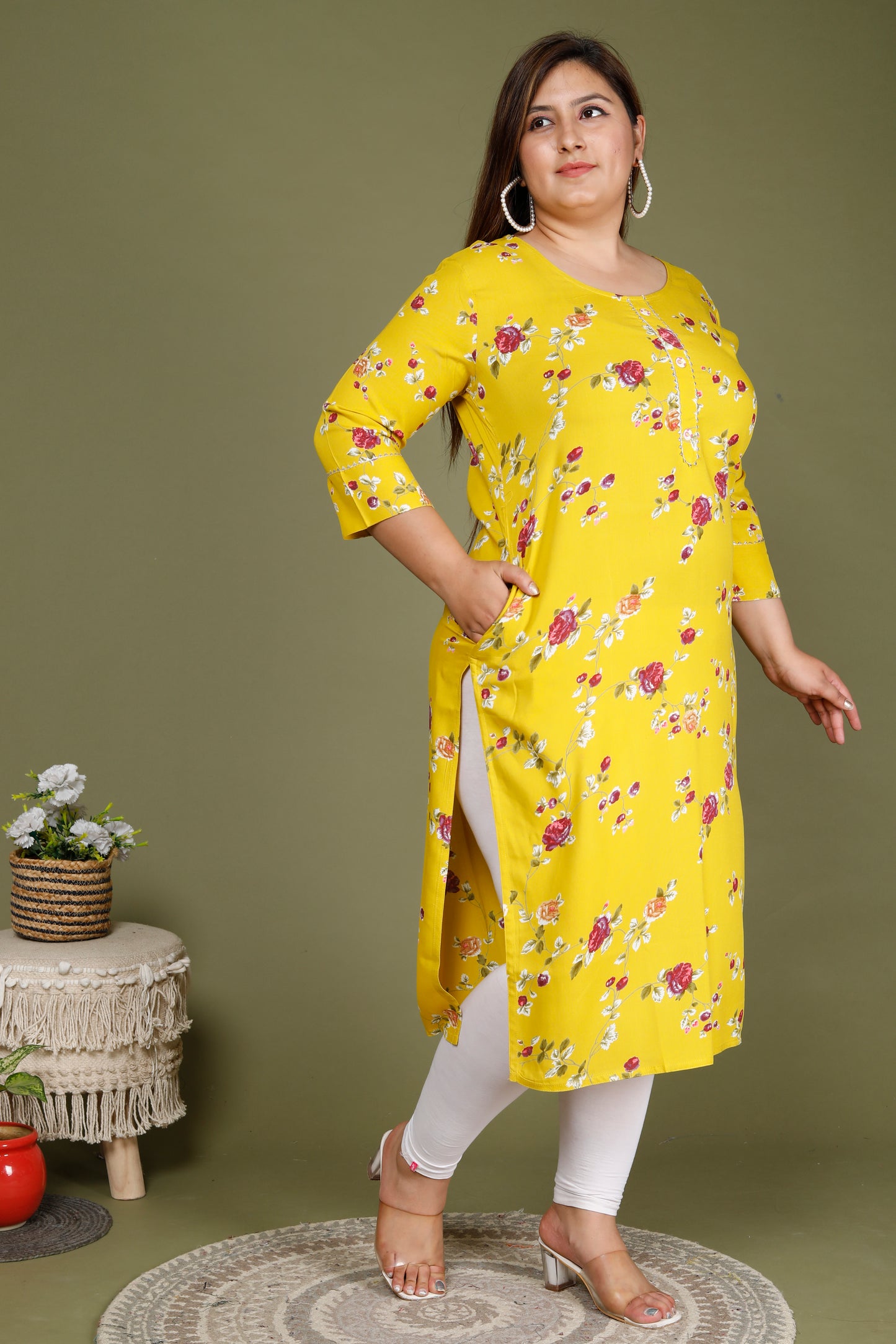 Yellow Floral Print Straight Kurti