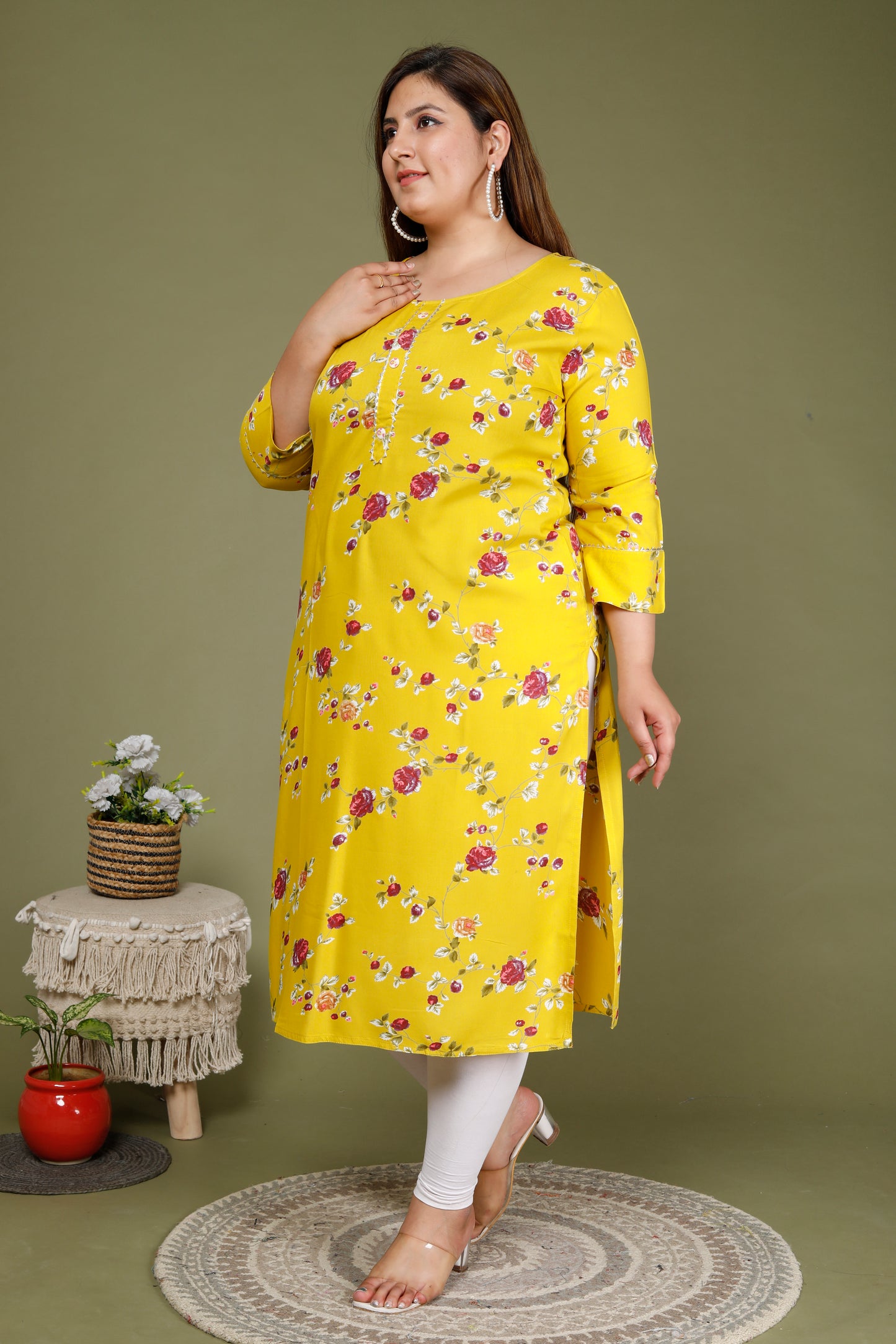 Yellow Floral Print Straight Kurti