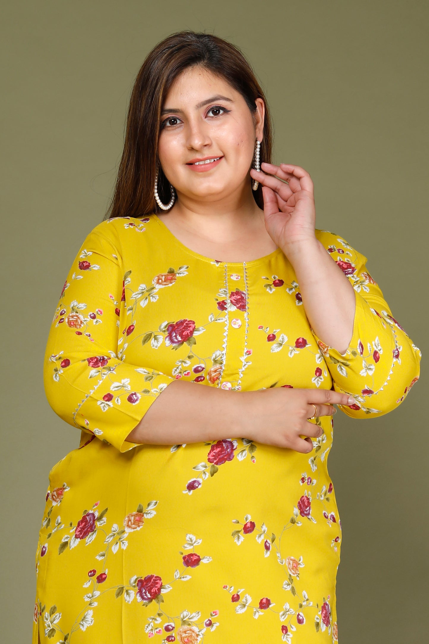 Yellow Floral Print Straight Kurti