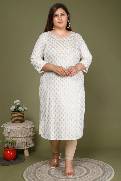 White Printed Embroidered Straight Kurti