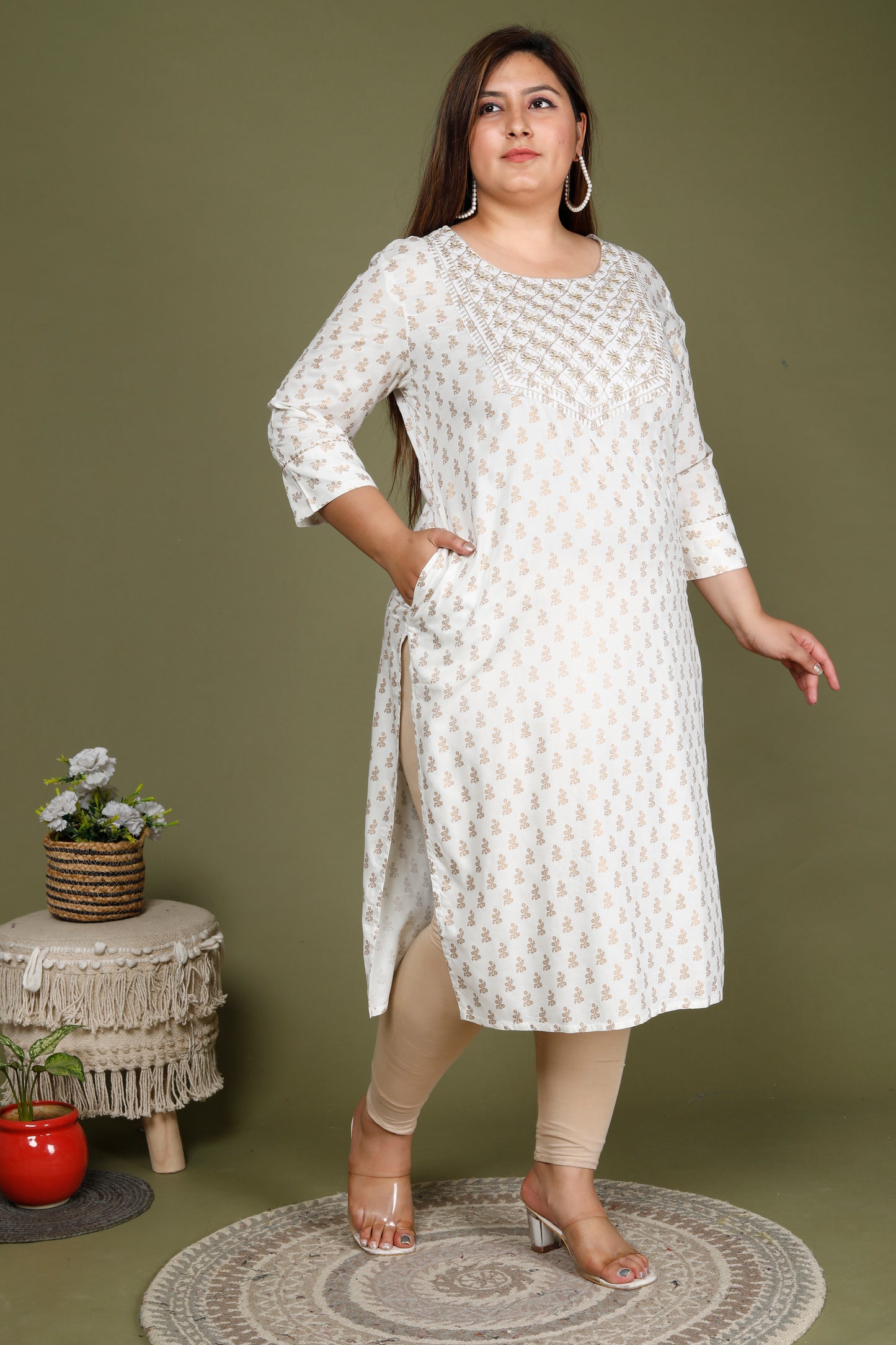 White Printed Embroidered Straight Kurti