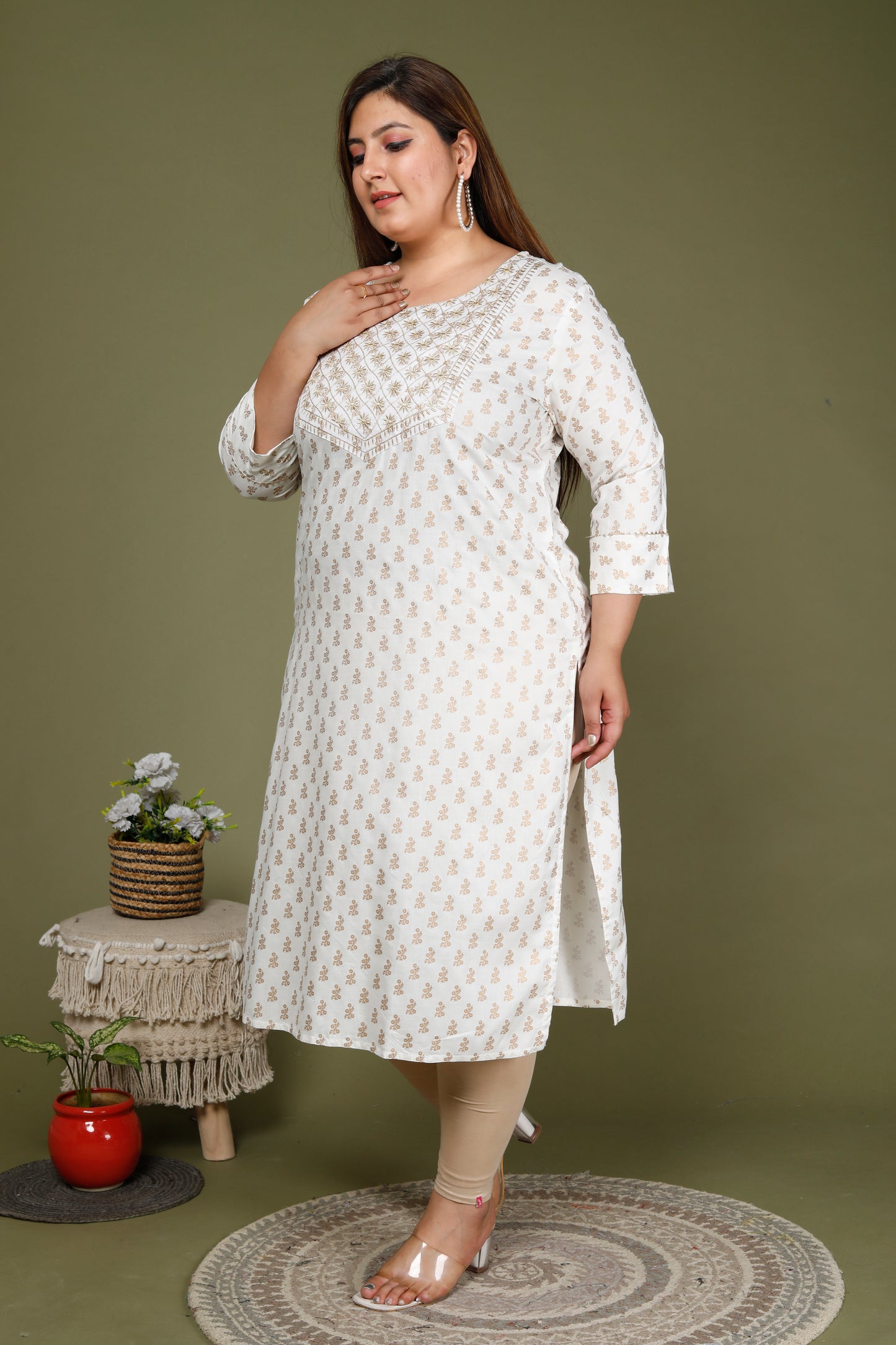 White Printed Embroidered Straight Kurti