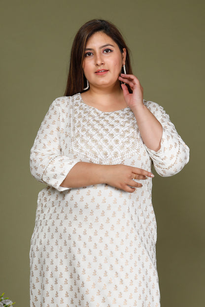 White Printed Embroidered Straight Kurti