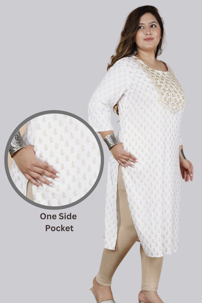 White Printed Embroidered Straight Kurti