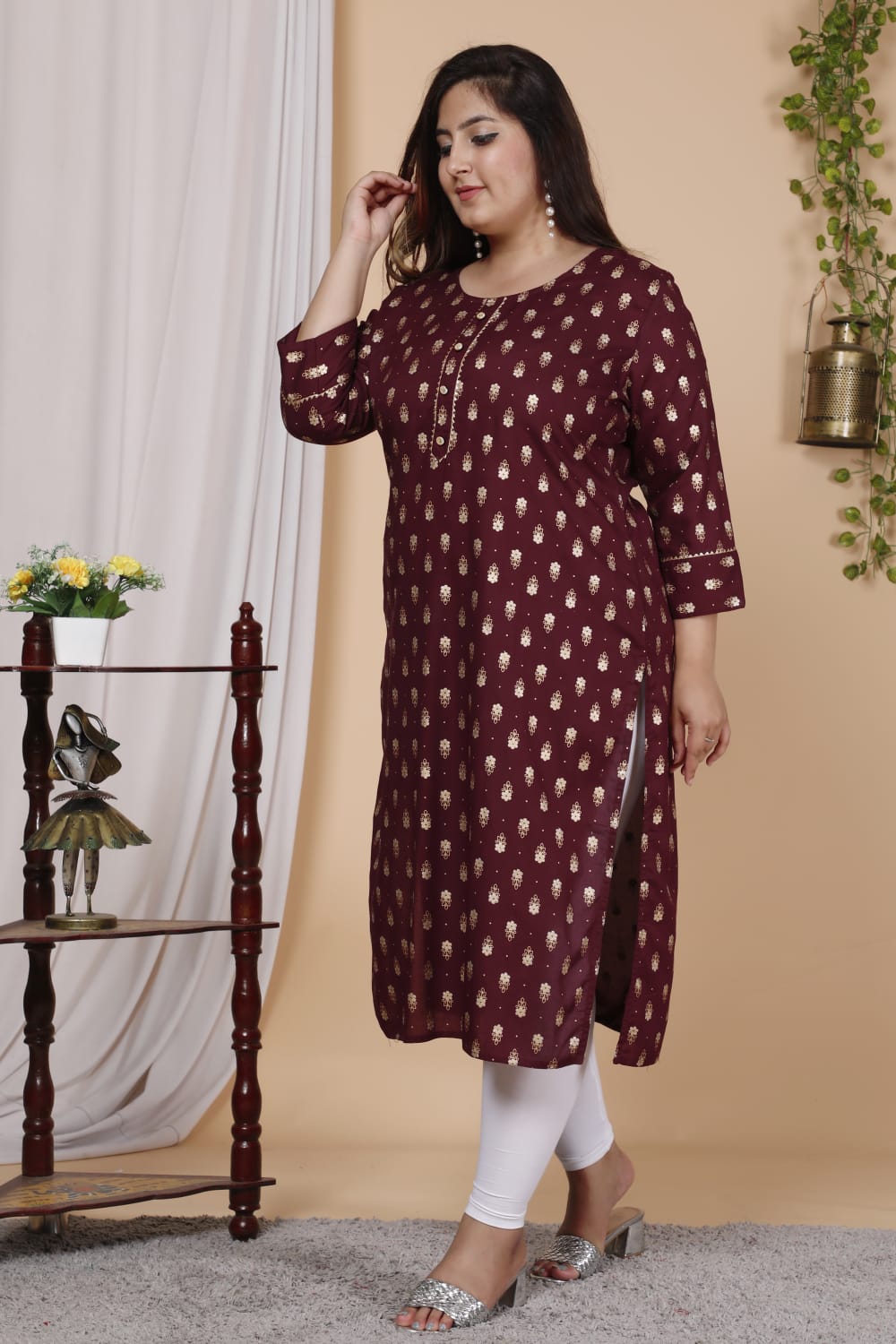 Wine Printed Straight Kurti