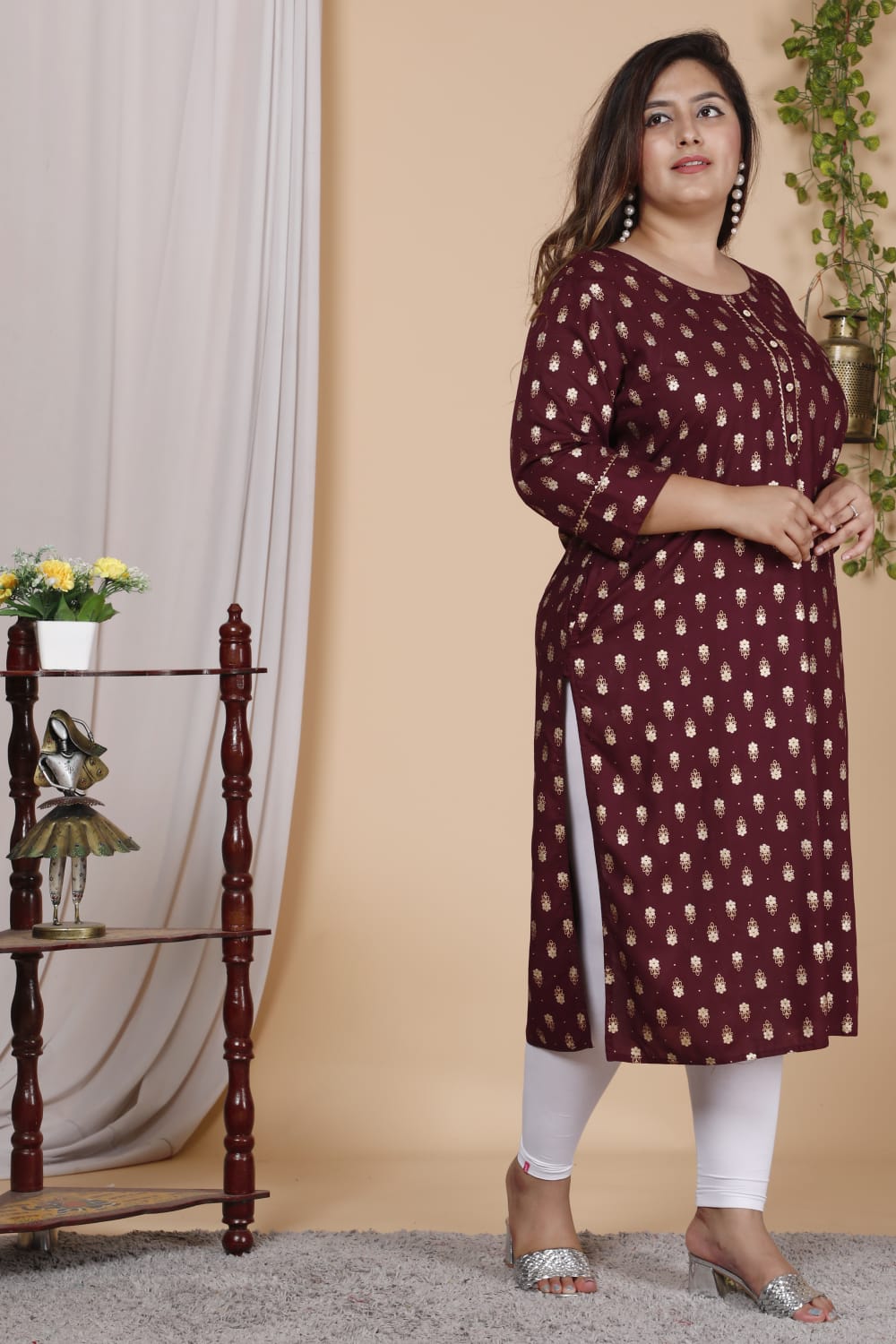 Wine Printed Straight Kurti