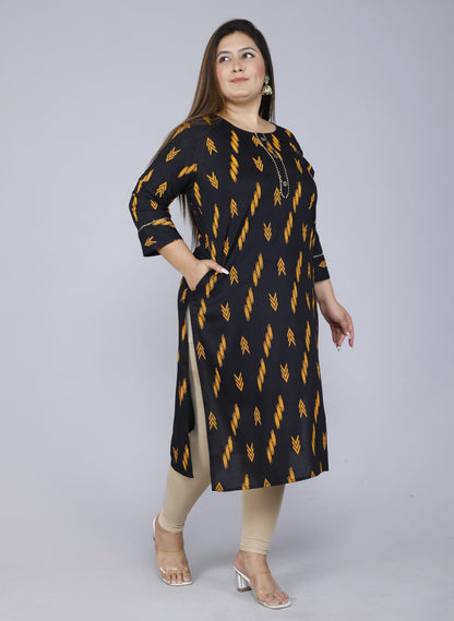 Black Printed Straight Side Slit Kurti